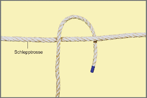 Seemannsknoten - Stopperstek / Anleitung Schritt 1: Nehmen Sie eine stärkere Leine als Schlepptrosse und eine dünne Leine als eigene Leine. Legen Sie das dünne lose Ende über die Schlepptrosse und schlagen Sie es um die Trosse herum.